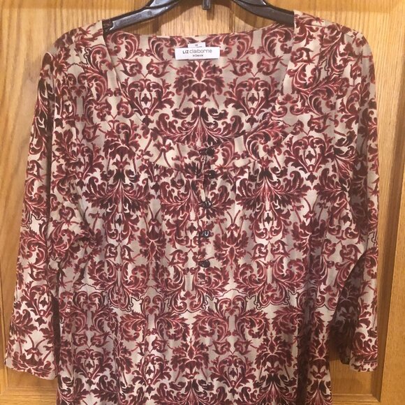 Liz Claiborne 1X Red/tan leaf style pattern blouse 3/4 length sleeve - Picture 1 of 4